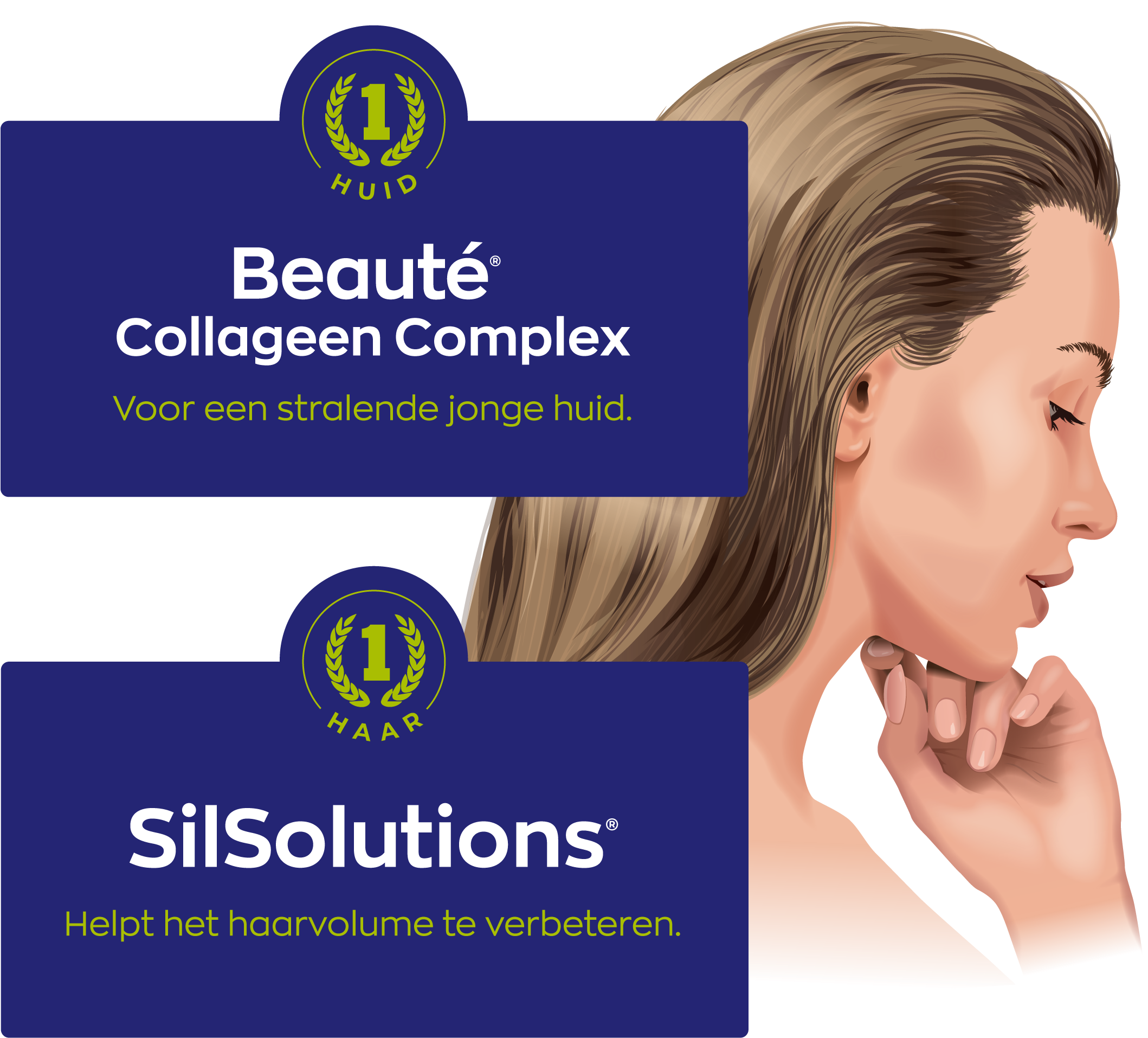 afbeelding met twee producten: Beauté Collageen Complex en SilSolutions. Het Beauté Collageen Complex is voor een stralende jonge huid. SilSolutions helpt het haarvolume te verbeteren. 